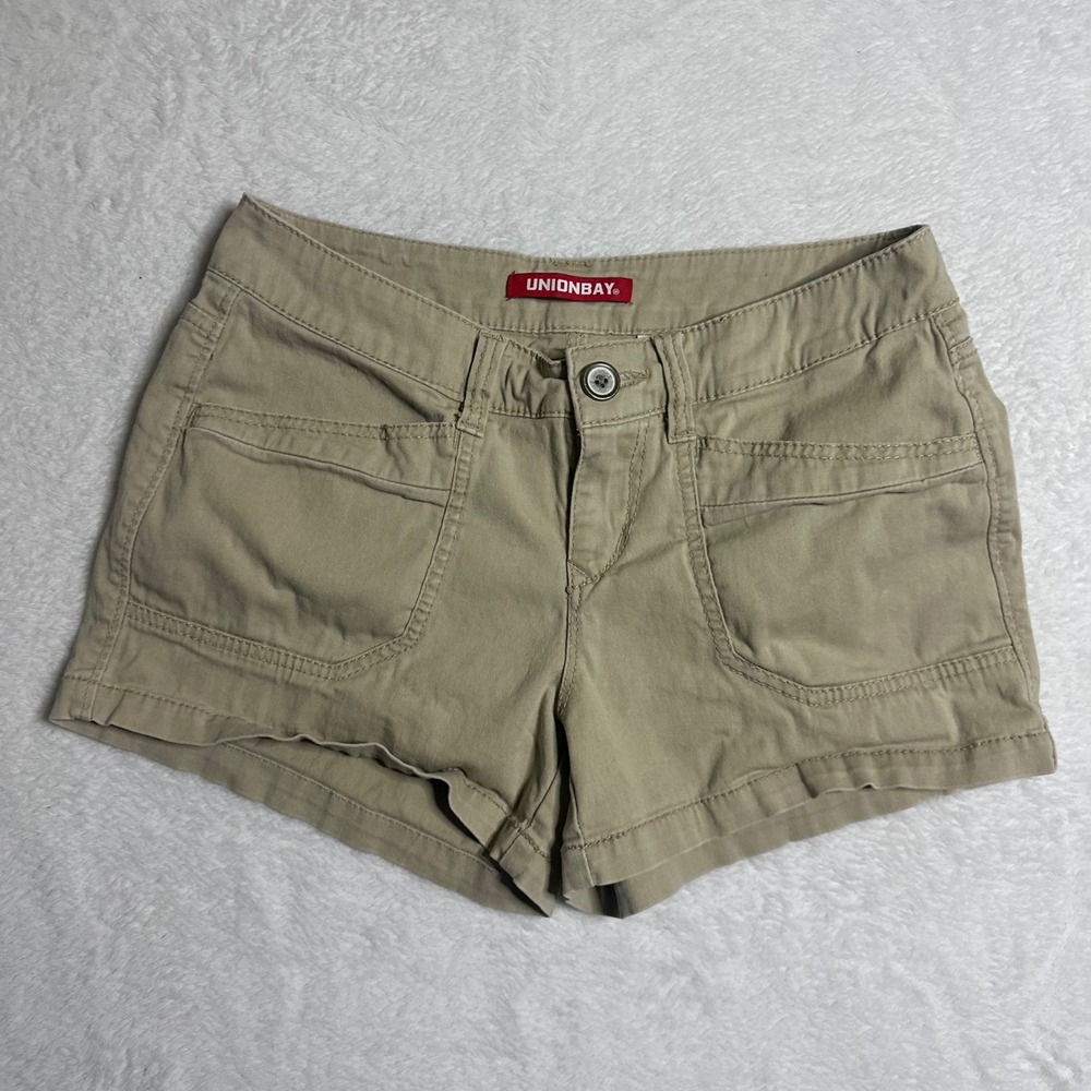 UNIONBAY Delaney Stretch Twill Shorts Size 7 Khaki Tan Low Rise Y2K Pockets